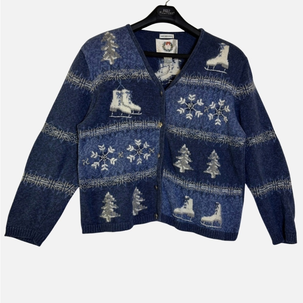 VTG Hand Embroidered Blue Skating Cardigan Winter Scene Snowflakes Holiday L